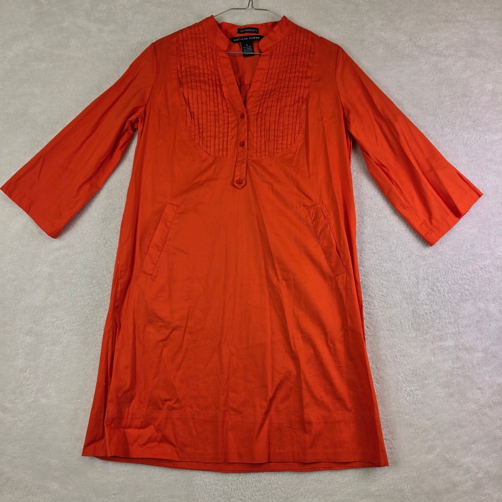 Antilia Femme Orange Pleated Bib Shift Dress Womens Small 3/4 Sleeve Pockets